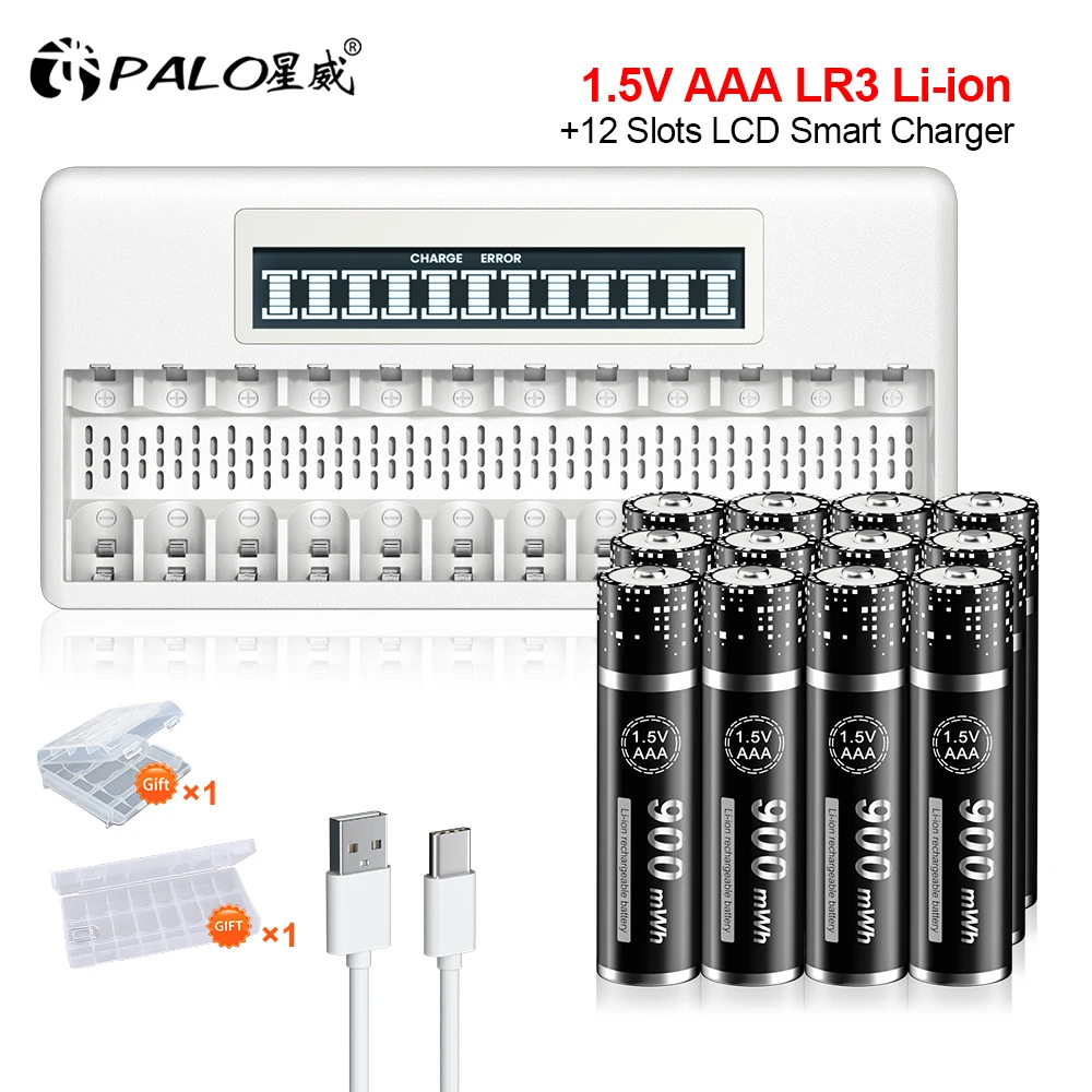 

PALO 1.5V AAA Rechargeable Li-ion Battery AAA Lithium ion Batteies LR3 with 12 slots LCD USB Charger for 1.5V AA AAA Battery