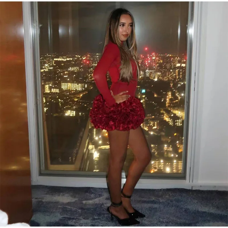 Sexy Strapless Red 3D Flowers Dress Outfits Women Bandage Backless Tube Top Mini Skirts Lady Celebrity Party Cocktail Skirt Suit