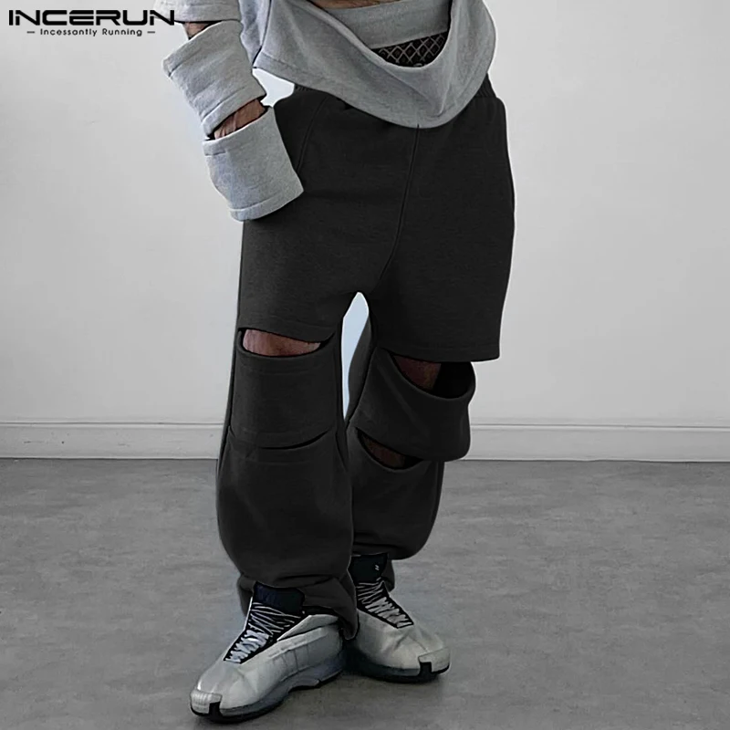 INCERUN American Style Stylish Pants Men's Personality Hollowed Solid Trousers Casual City Walk Male Simple All-match Pantalons