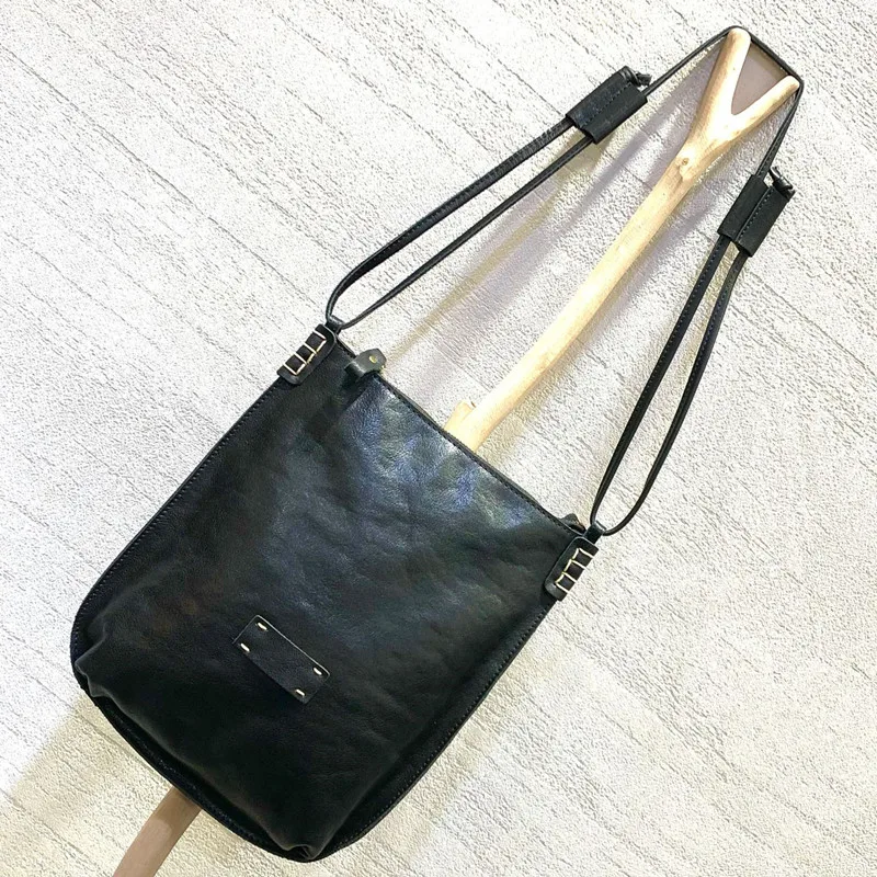 Vintage Women Genuine Leather Bag Black Handbag Tote Handmade Natural Cowhide Solid Shoulder Bag With adjustable Crossbody Bags