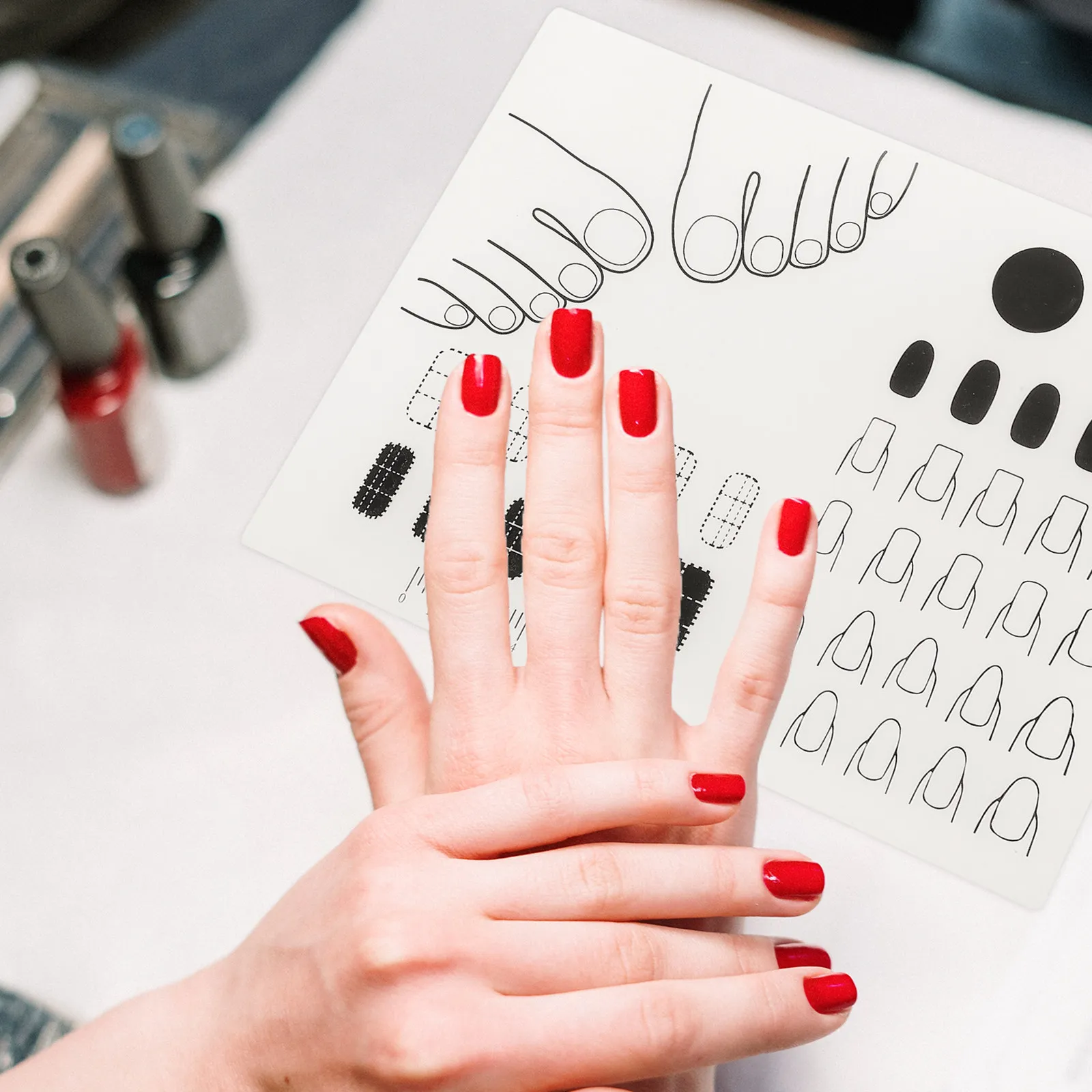 

Silicone Nail Art Stamping Mat Manicure Table Protector with Ruler for Size Measurement Black Accent Area for Color Testing