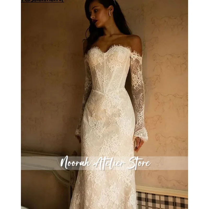 Customized Mermaid Bridal Gown off Shoulder Sweetheart Neckline Embellished  Chapel Train  Wedding Dresses