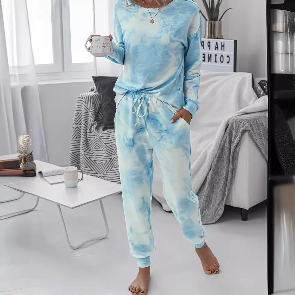 2024 Casual autumn Women Two-piece Set Long Sleeved Nebula print Loose t-shirt sweatshirt + long pant with pocket nightwear walk