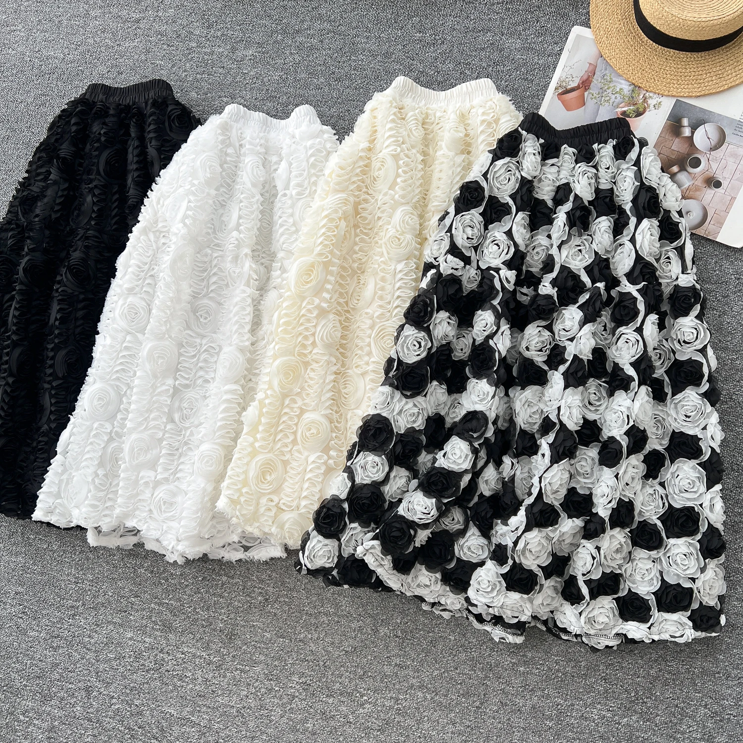 

Clothland Women Sweet Flower Ball Gown Skirt Elastic Waist Puffy Vintgage Fairy Cute Midi Skirts Mujer BA326