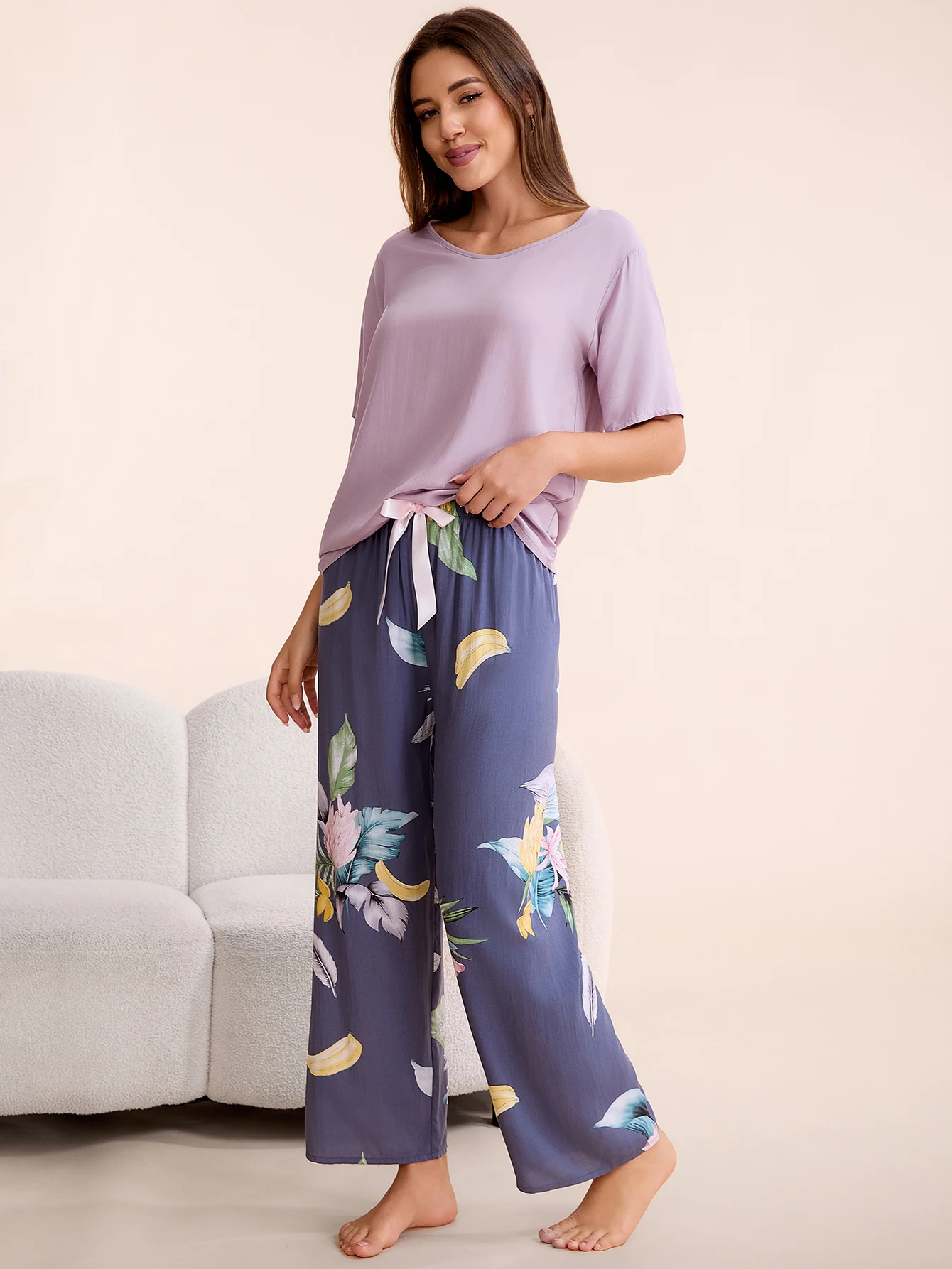 Plus Size S-6XL 100% Viscose Women Pajama Set Light Purple Top Tropical Floral Banana Print Pants Soft Home Sleepwear Nightwear