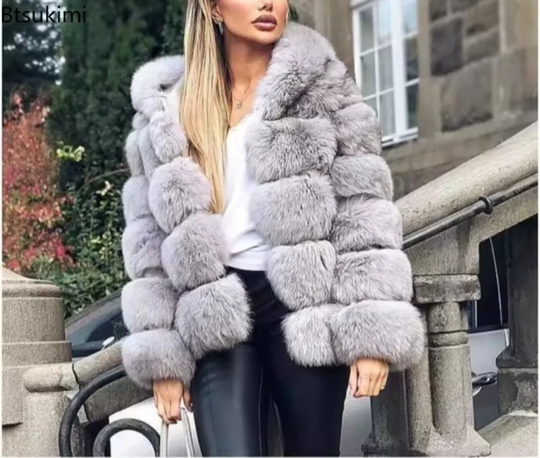 Women Imitation Fox Fur Patchwork Faux Fur Coat Hooded Loose Long Sleeve Thick Warm Jacket Winter Fashion Outerwear Streetwear