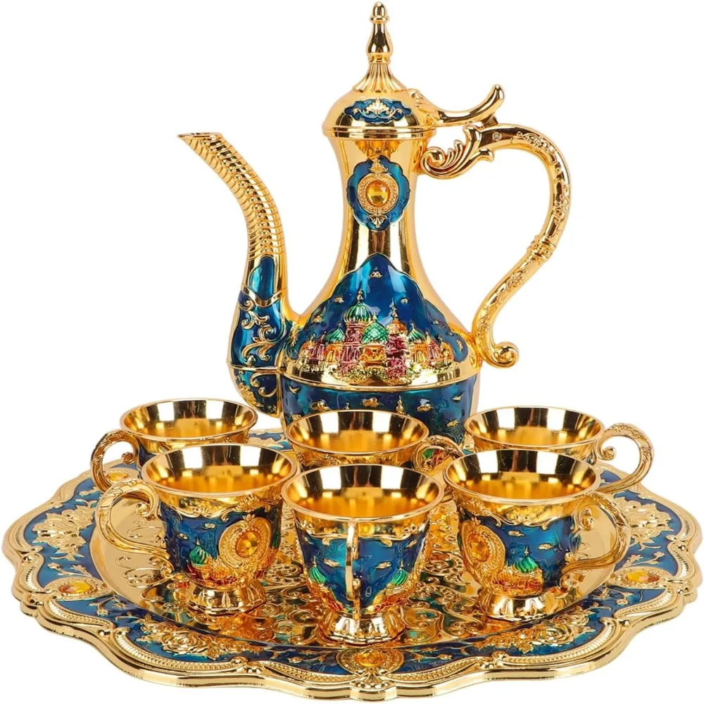Shiny Crystal Tray Turkish Coffee Pot Set Zinc Alloy Vintage Tea Service Set Durable Vintage Coffee Cup Set Table Decor