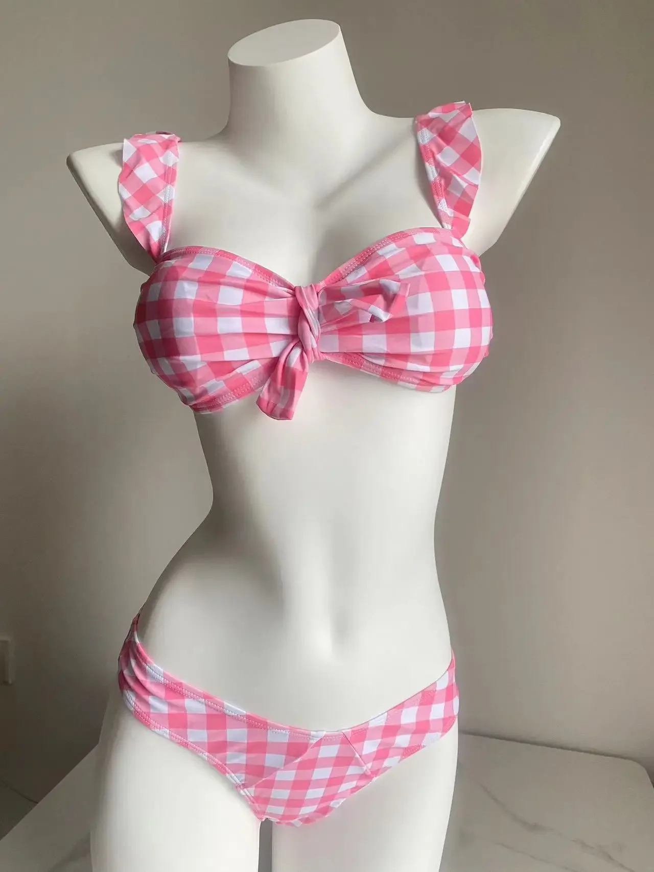 

Bikini Sets Sexy Swimwear Plaid Swimsuit Women Cute Summer Biquini Feminino Bow Bathing Suit Pink Beachwear 2024