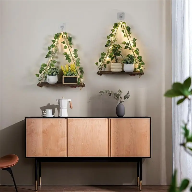AEE8-Floating Shelves For Wall No Drilling,Wall Dcorations Art,Hanging Shelf,Leaves And Light Strip For Home 2Pack