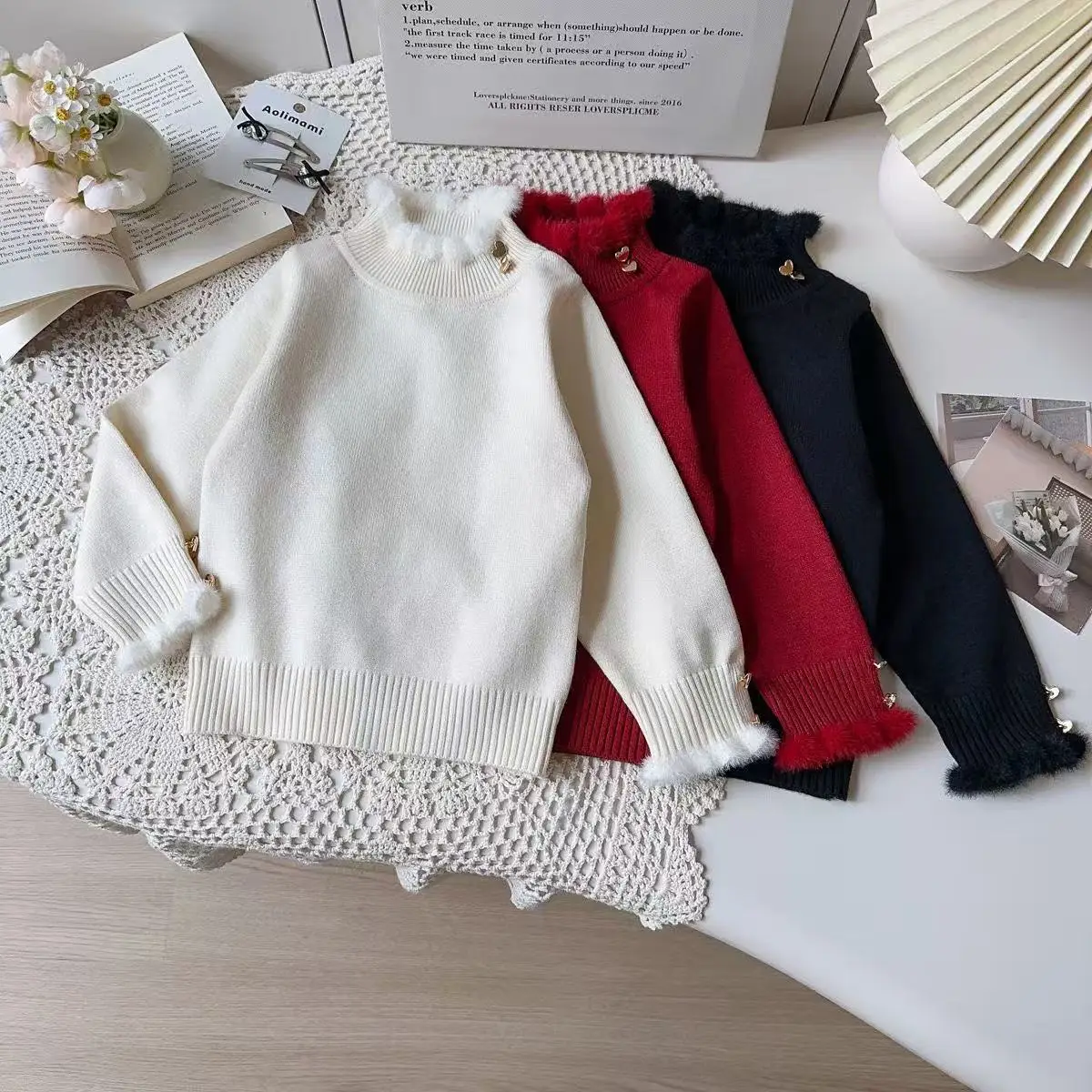 

Winter Girls Knitwear 2026 New Fur Lace Hhigh Neck Pullover Sweater Wool Bottoming Shirt 90-140cm