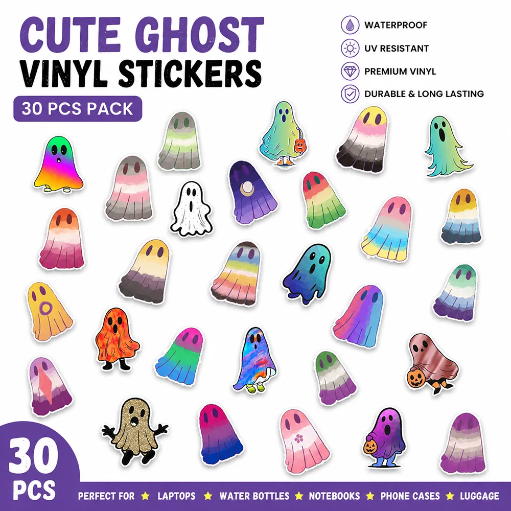 30PCS Diy Cute Rainbow Pride Ghost Stickers Halloween Aesthetic Waterproof Vinyl Decal Laptop Phone Case Scrapbook Stickers Gift