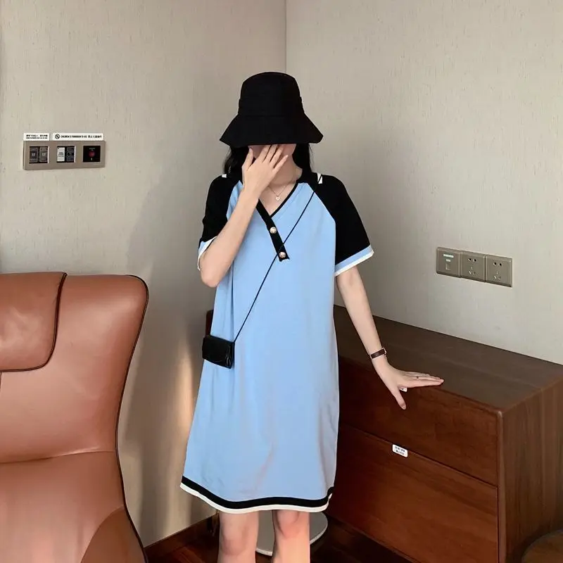 Summer Sweet Spliced Midi Dress Fashion Contrasting Colors Women's Clothing V-Neck Button Casual Short Sleeve Straight Dresses