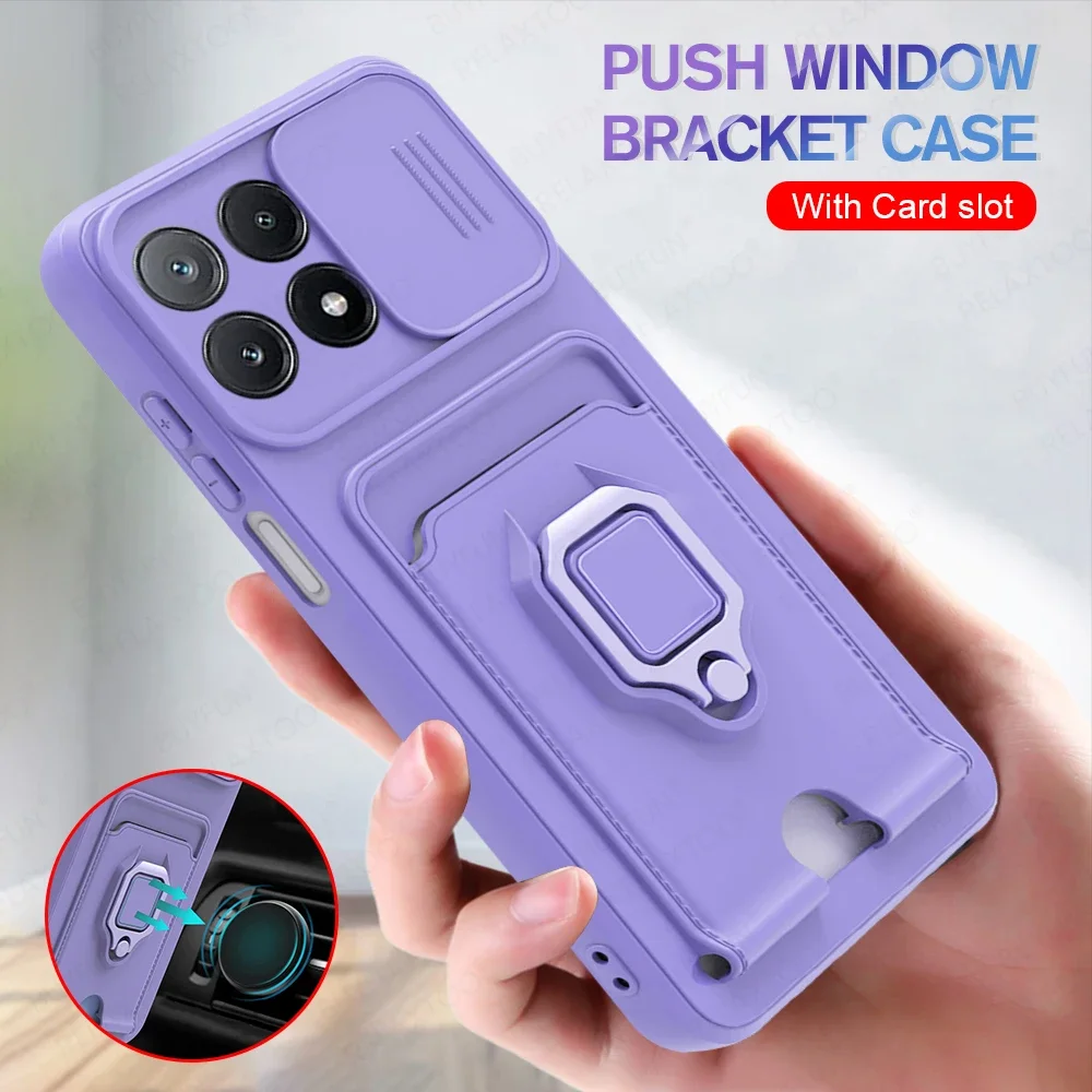 Slide Camera Protect Silicone Case For Xiaomi Poco X6 Pro PocoX6 Little X6Pro X 6 5G Car Magnetic Ring Holder Card Wallet Cover