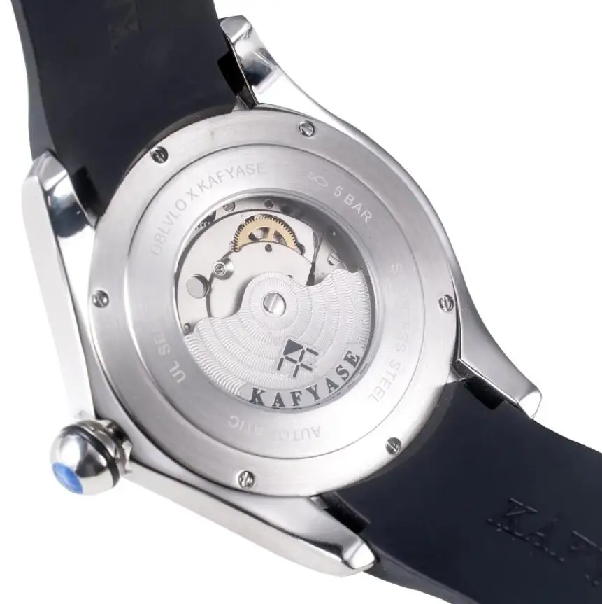 KAFYASE Men Automatic Watch 46mm Fashion Mechanical Wristwatch Luminous Bubble Mineral Mirror Rubber Strap