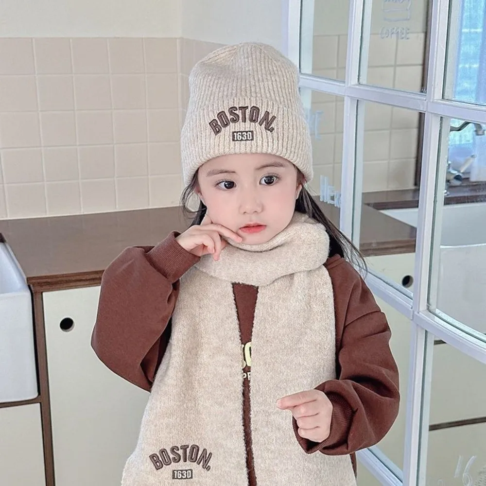 BOSTON Embroidery Scarf Hat Set Windproof Coldproof Neck Warmer Warm Pullover Cap Autumn and Winter