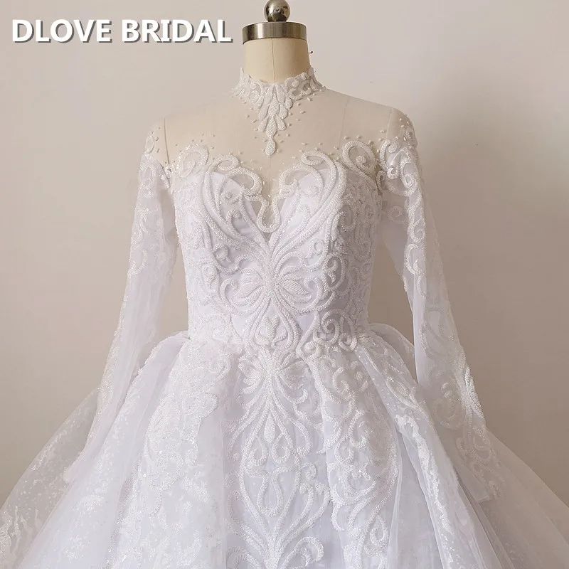 

Luxury High Neck Ball Gown Wedding Dress with Long Sleeves Beaded Lace Bridal Gown Real Photos