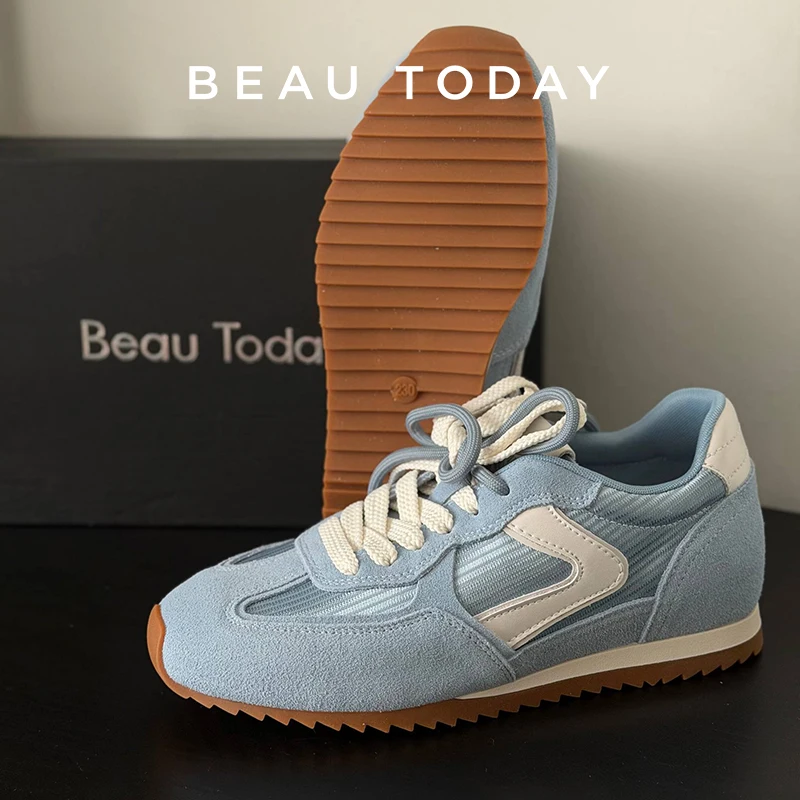 

BEAUTODAY Casual Sneakers Cow Suede Leather Solid Color Round Toe Air Mesh Outdoor Trainers Lace-Up Ladies Shoes Handmade 29995