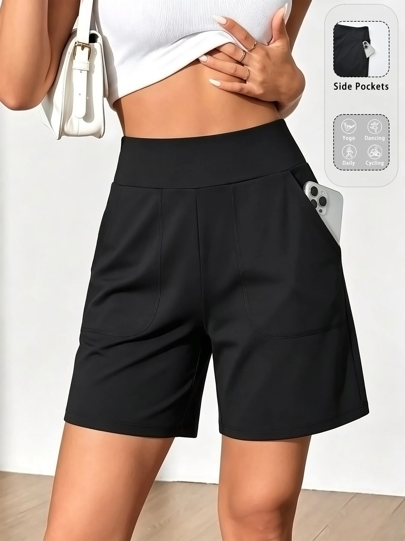 Bermudashorts voor dames met zakken, hoge taille, lange shorts voor hardlopen, workout en sport.