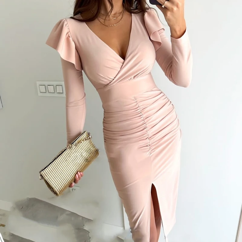 

Fashion Sexy V-neck Tight Dress Spring Long Skirt with Ruffles Solid Color Split Women's Dress Temperament Elegant Dress