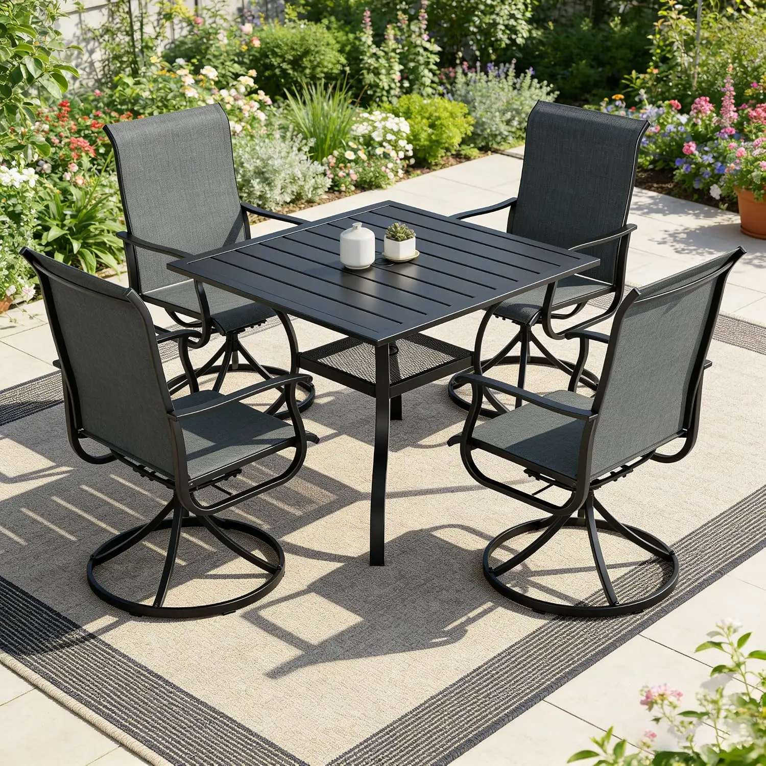5-Piece Patio Dining Set, All Weather Square Metal Table & 4 Swivel Mesh Chairs, Weather Resistant Furniture Customized
