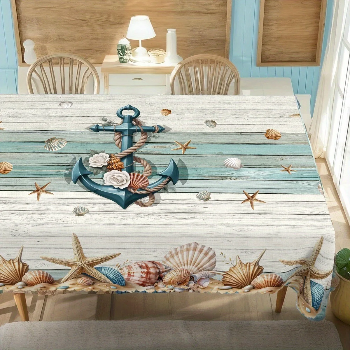 One piece of ocean-themed tablecloth, featuring exquisite anchor and shell patterns, made of polyester material.