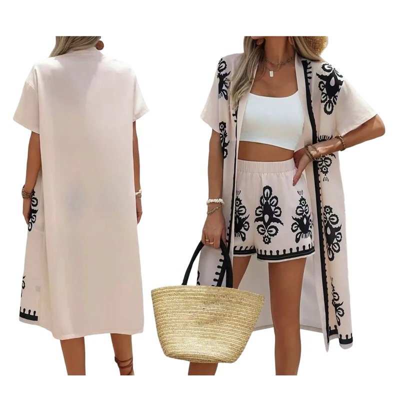 

NEW-Women's Plus Size Floral Boho Short Sleeve Kimono- Open Front Outwear And Shorts 2 Piece Summer Outfit