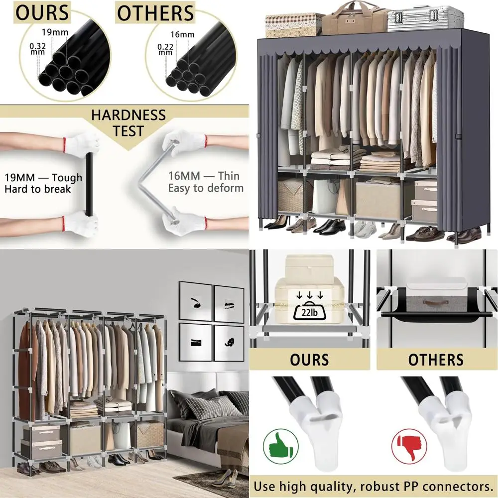 

Grey Fabric Wardrobe with Zip Closure, 65.4 Tall, 19mm Rod, 4-Section Hanging & Storage Closet