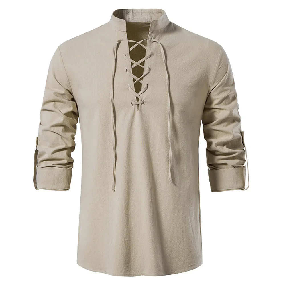 

Mens Pirate Shirt Viking Retro Renaissance Medieval Gothic Victorian Halloween Costume Casual Cotton Linen Lace Up Hippie Shirts
