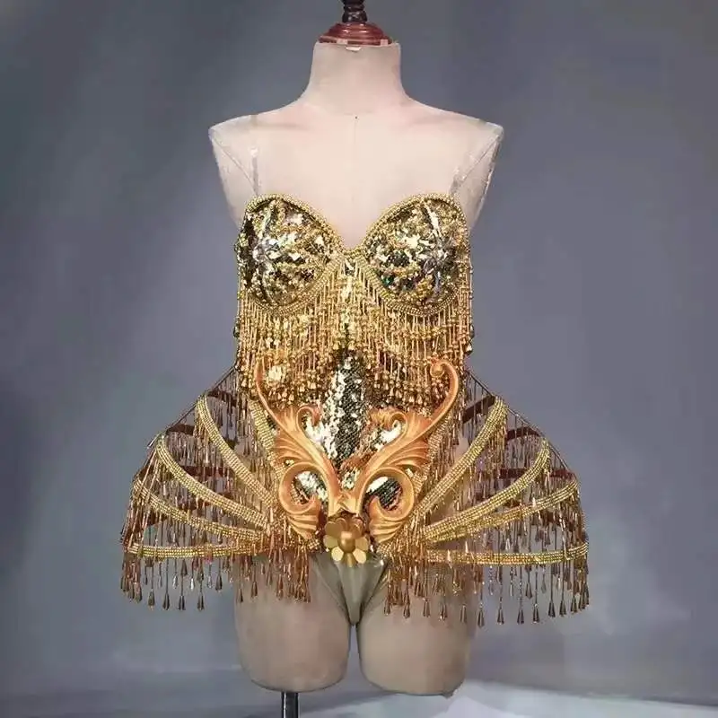 

Stage Performance Bling Dresses Gold Sexy Crystal beads Bodysuit Dress Dance Wear Nightclub Shining Costume Outfit