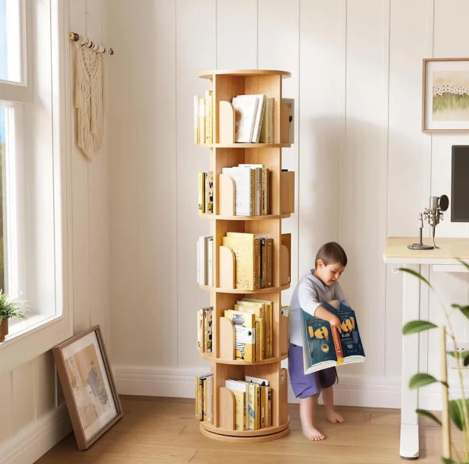 Baby Cabinet 5 Tall Tiers Floor Standing Display Corner Rotating Bookcase With Baffle Bedroom Office Rotatable Bookshelf Cabinet