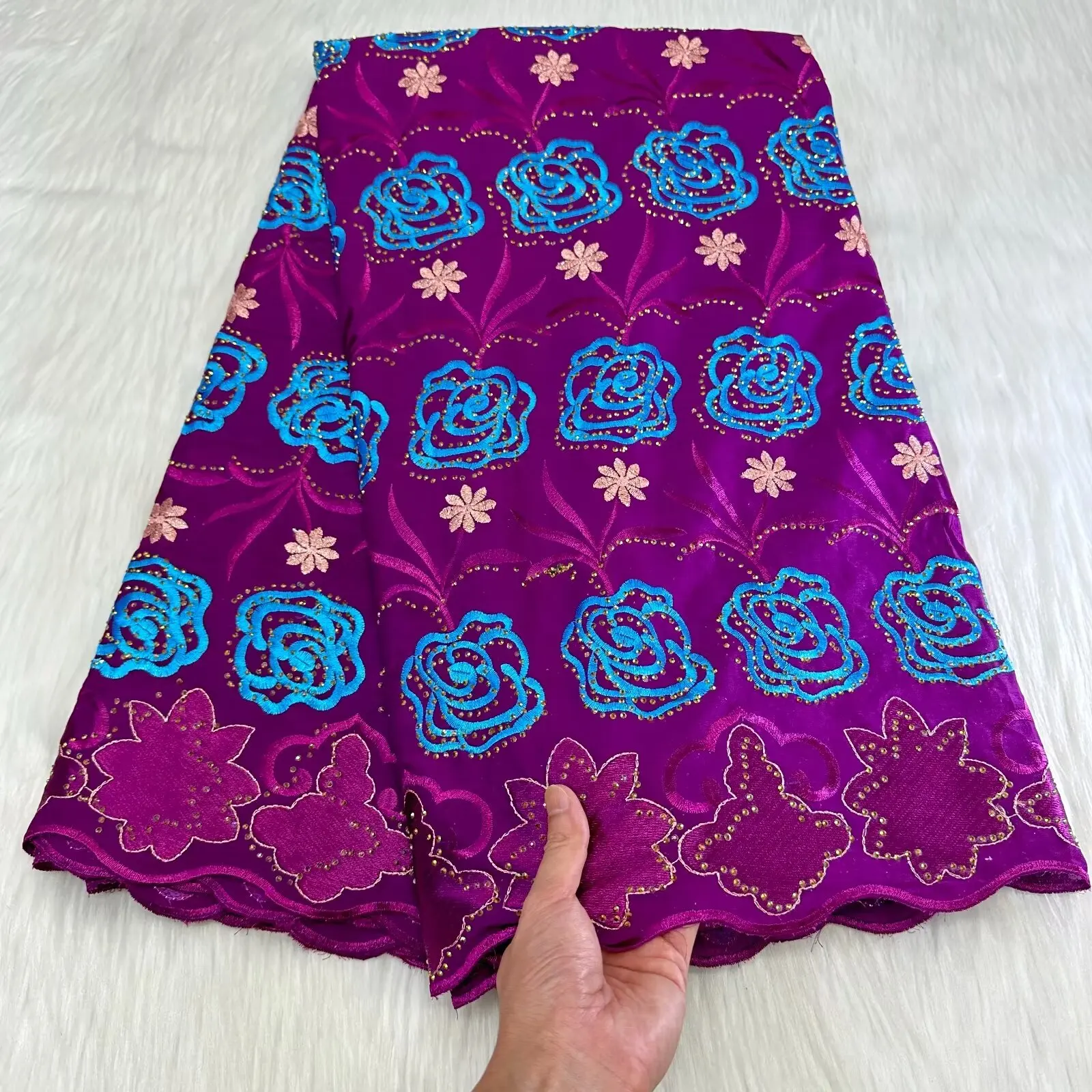 

5Yards/Lot Elegant Purple African Cotton Fabric Embroidery Swiss Voile Lace Match Rhinestones For Dressing B081