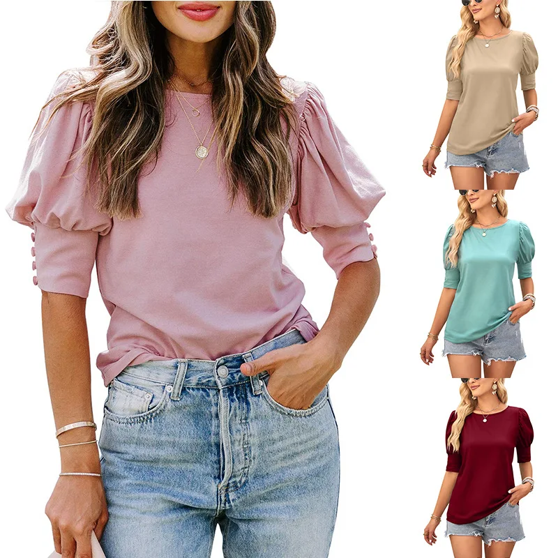 

Women Summer T-shirt Casual Round Neck Puff Sleeves Solid Color Loose OL Style Commute Soft Breathable Lady Top Clothes