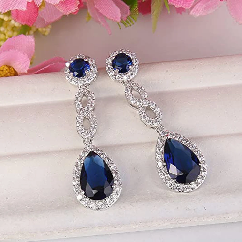 Huitan Temperament Blue Cubic Zirconia Long Hanging Earrings for Women Luxury Elegant Bride Wedding Party Earrings New Jewelry