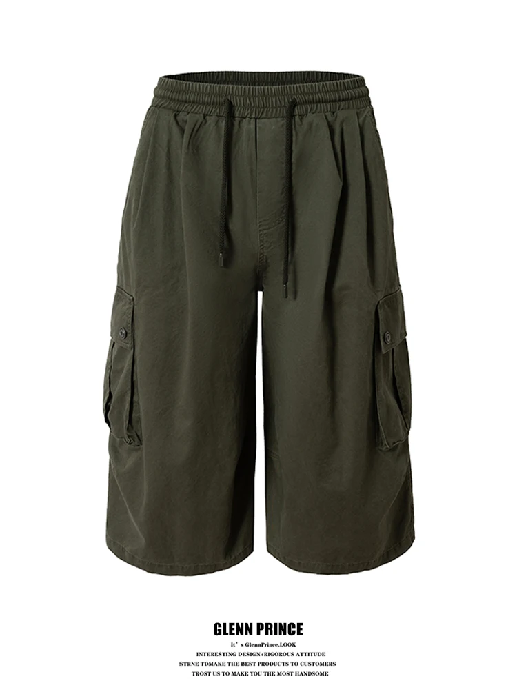 

American Retro Work Pants Men's Summer Couple Sle Spor Wide Leg Slimming orts Seven-Foot Length with Big kets