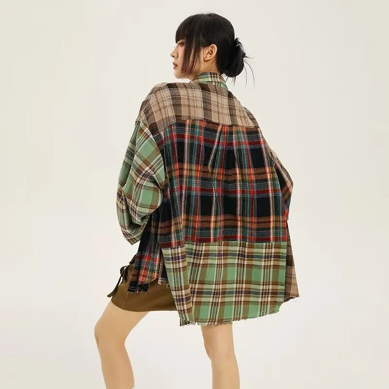 Plaid Shirts Women Asymmetrical European Style Harajuku All-match Long Sleeves High Street Chic Hotsweet Summer Simple College