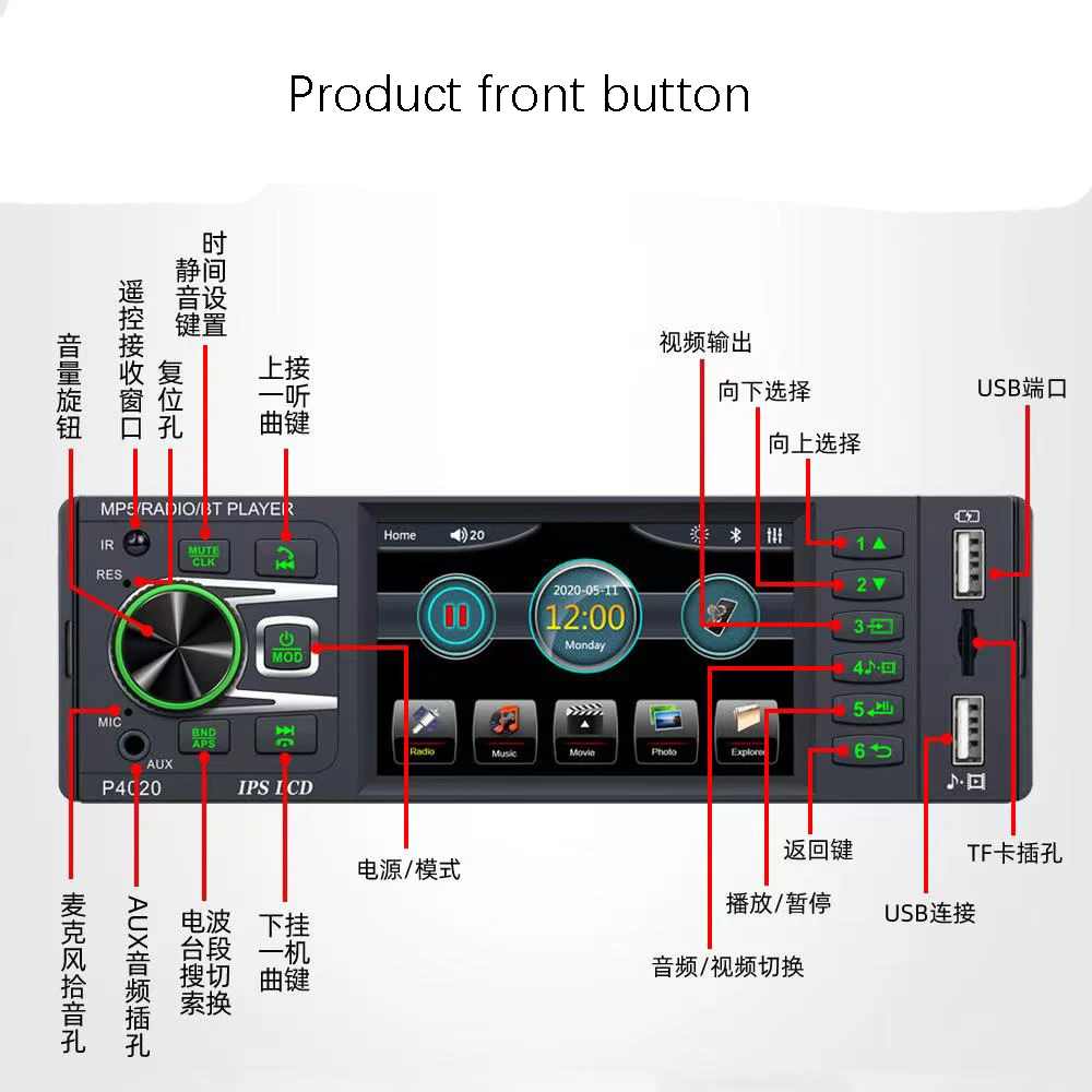

1 Din 3.8" Car Radio Stereo Touch Screen BT Music Handsfree MP5 Player TF USB Charging Remote Audio System ISO Head Unit P4022