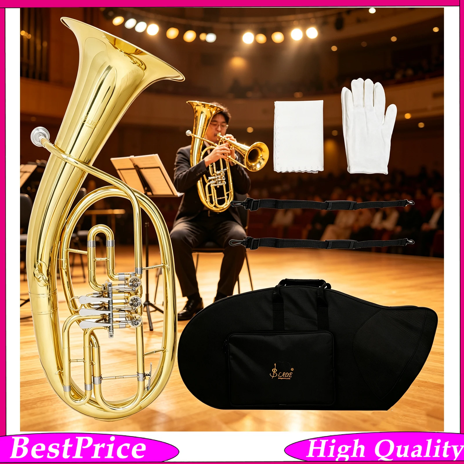 SLADE Euphonium Triple-Key Bb Tenor Horn Gold Lacquer Brass Body with Full Accessories Kit for Band & Exam Performance