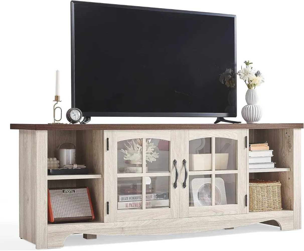 LINSY HOME Farmhouse TV Stand for 65 Inch TV, Wood Entertainment Center with Glass Door Storage Cabinet & Adjustable Shelves