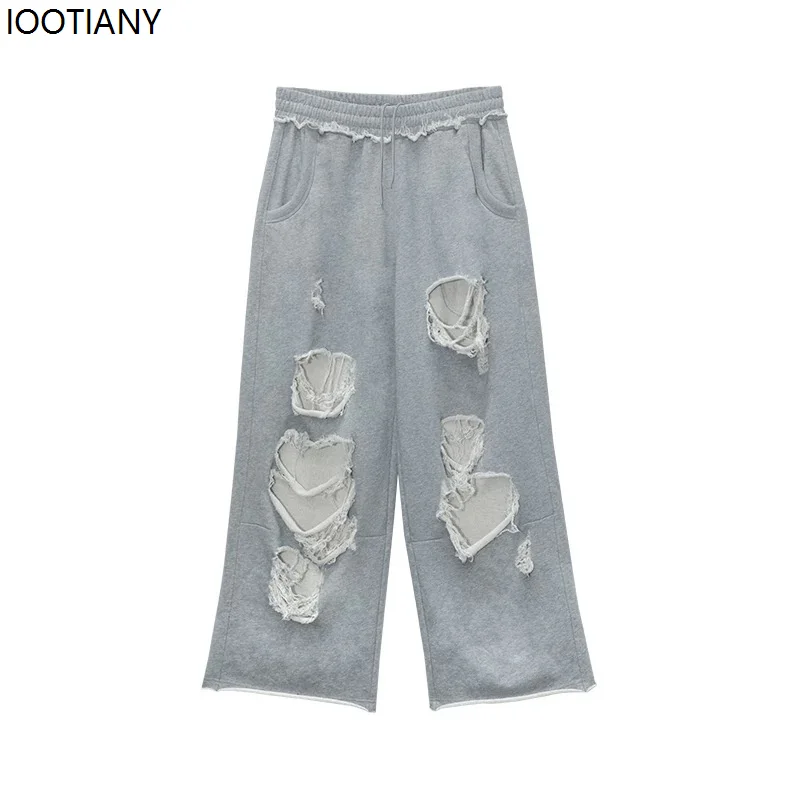 Y2k Grey Ripped Women's Jogging Wide Leg Pants American Retro Hip-hop Drape Thin Sports Pants Solid Color Loose Casual Summer