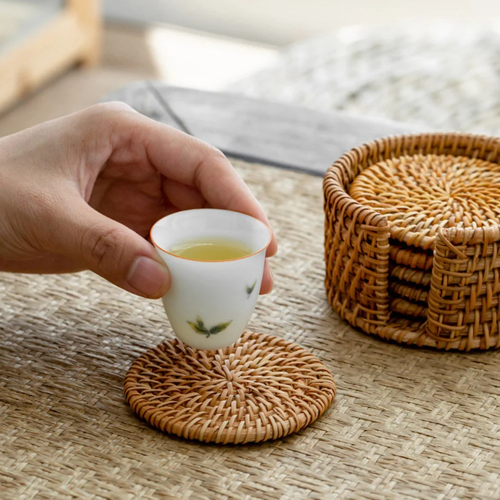 

Rattan Tea Cushion Absorbent Car Coasters for Cup Holders Braided Placemat and Woven with Set Pad Travel