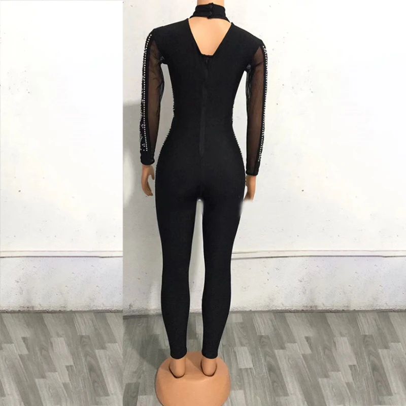 Zilveren Steentjes Jumpsuit Sexy Pole Dance Black Mesh Rompertjes Vrouwen Zanger Vieren Gogo Kostuum Stadium Festival Outfit XS4326