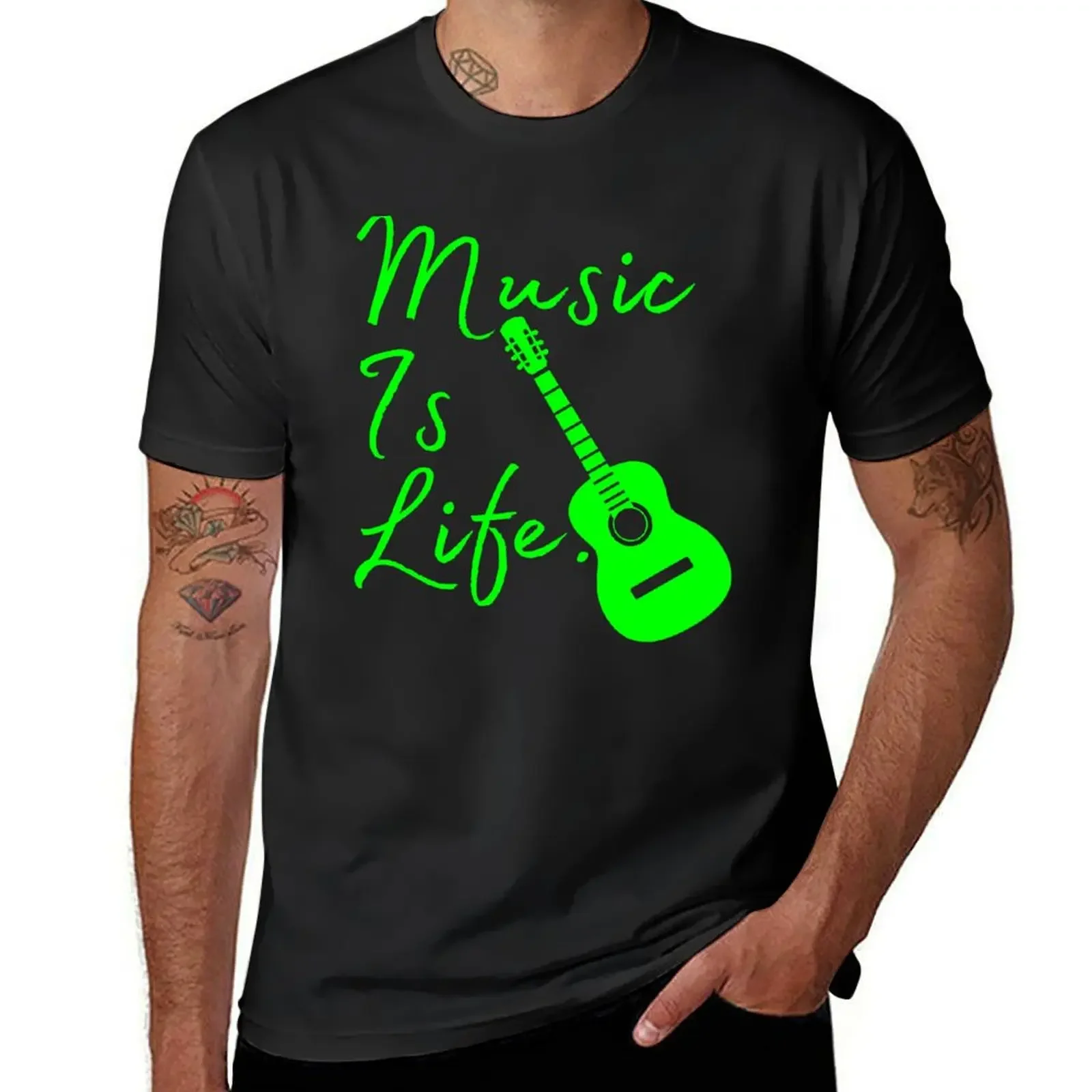 Music Is Life - Guitar - Lime Green Font & Guitar T-Shirt man clothes anime figures vintage anime shirt tee shirts for men