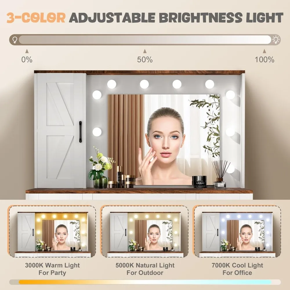 Vanity Desk con piano in vetro con specchio, luci e stazione di ricarica, con 3 cassetti e 3 armadietti per riporre oggetti