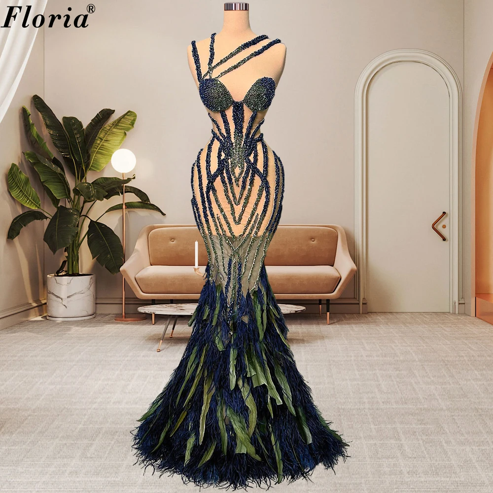 Fully Handmade Beaded Prom Dresses For Women 2023 Illusion One Shoulder Evening Dress Feathers Celebrity Gown Vestidos De Noche