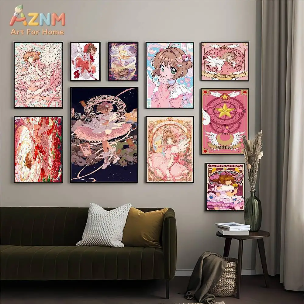 AZNM Cardcaptor Sakura - Lienzo decorativo de anime, estampado estético de Kinomoto Sakura, pintura en lienzo sin marco para niñas
