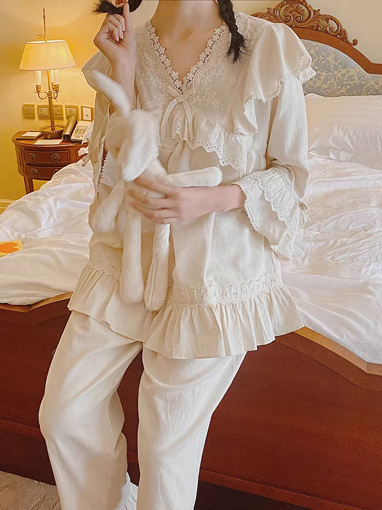 

Французские дворцовые пижамные комплекты в стиле ретро, женские весенне-осенние новые комплекты из 2 предметов с v-образным вырезом и длинными рукавами в стиле принцессы, домашняя одежда, милая ночная рубашка
