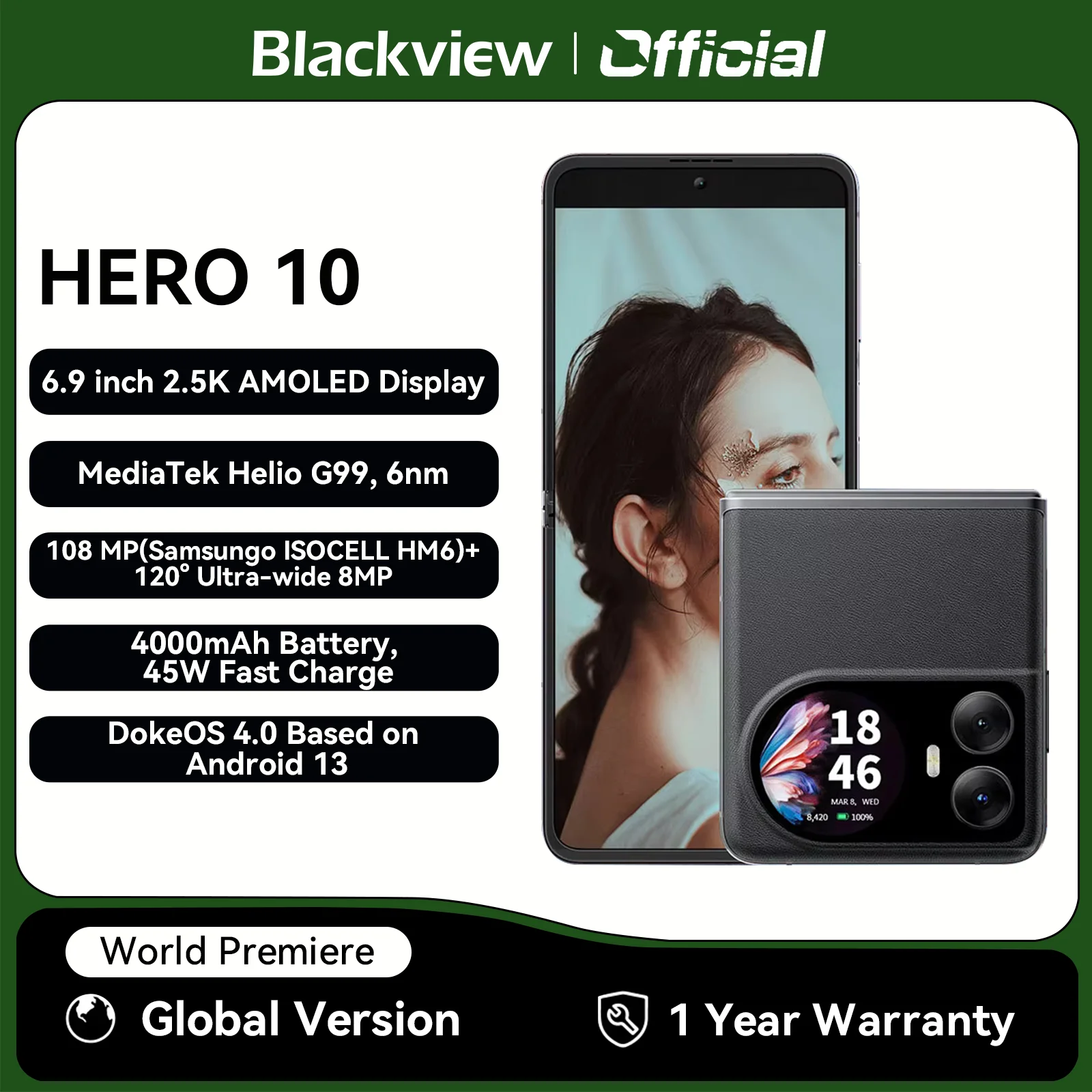 World Premiere 2025 Blackview HERO 10 Smartphone 6.9 inch AMOLED Folding Display MTK Helio G99 12GB 256GB 108MP Camera 4000mAh