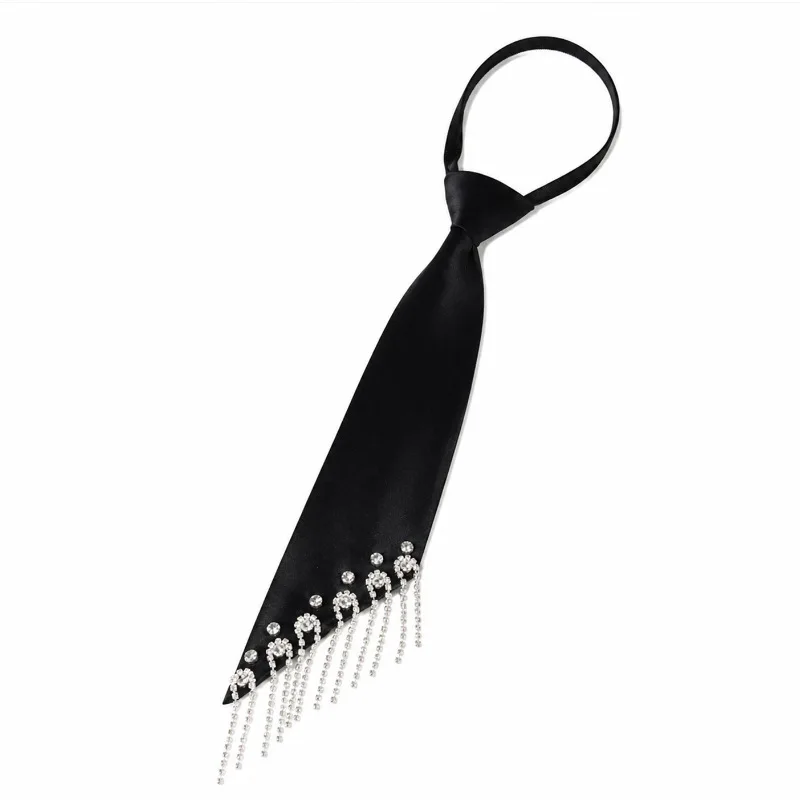 Black Asymmetric Chain Tassel Pre Tied Necktie Punk Style Shirt Tie with Metal Fringe for Women Men Party Stage
