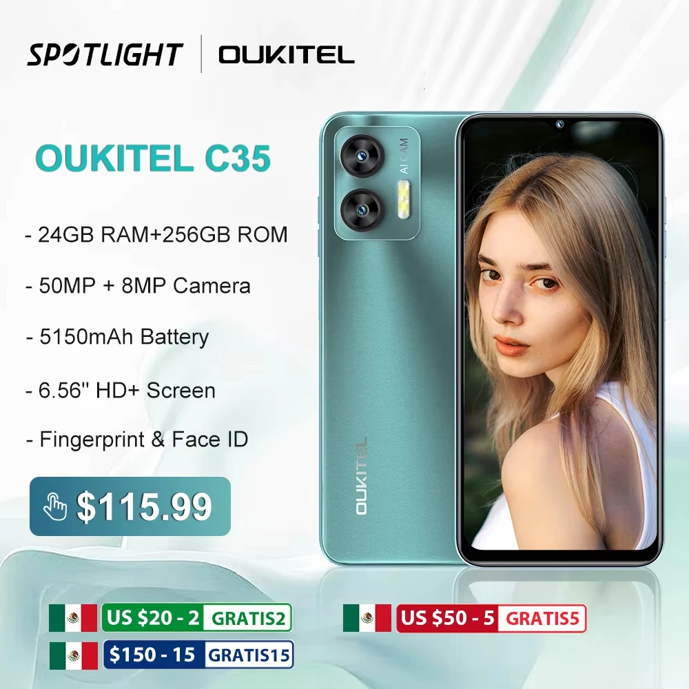 Глобальная версия смартфона OUKITEL C35 4G на Android 13 с 6,56-дюймовым дисплеем, 24 ГБ (12+12) и 256 ГБ памяти, 50-мегапиксельной камерой. Портативный телефон.