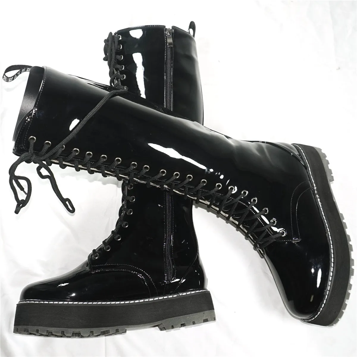 

2024 Winter Plus Size Shoes Women Lace Up Patent Leather Knee High Motorcycle Boots Female Round Toe Platform Pumps Casual Shoes